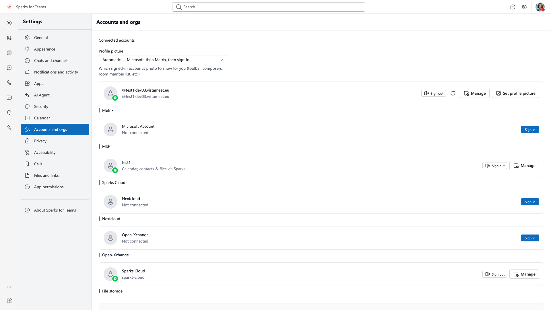 Provider accounts in settings